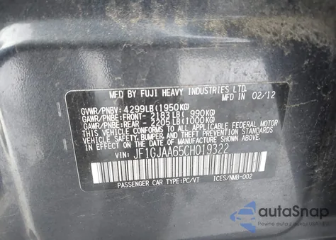 2012 Subaru Impreza 2.0I z USA, uszkodzony, nr VIN JF1GJAA65CH019322